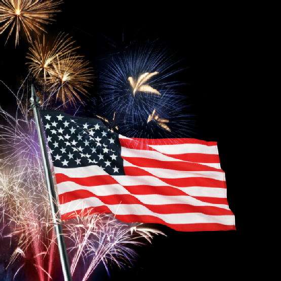 American Flag Infront Of Fireworks